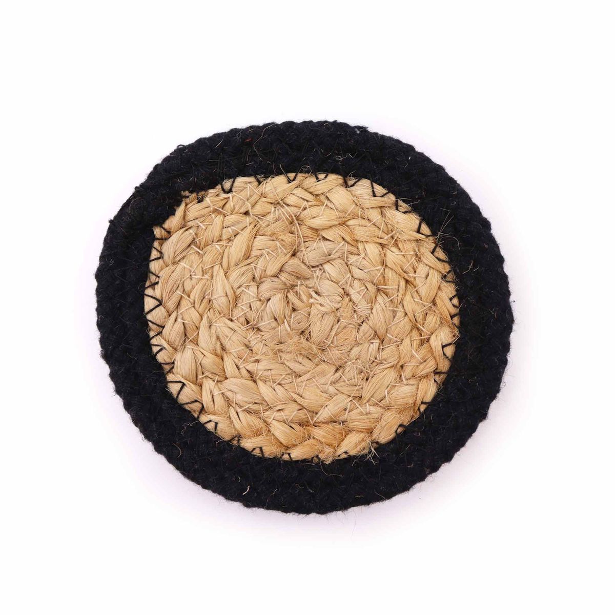 Jute & Cotton Coasters – Black Border, 10cm, Set of 4