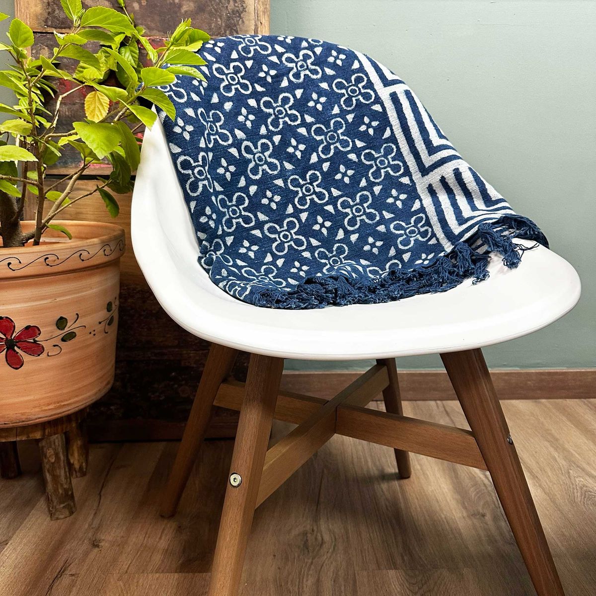 Handmade Indigo Cotton Throw – Kasba Tiles, 170 x 120cm