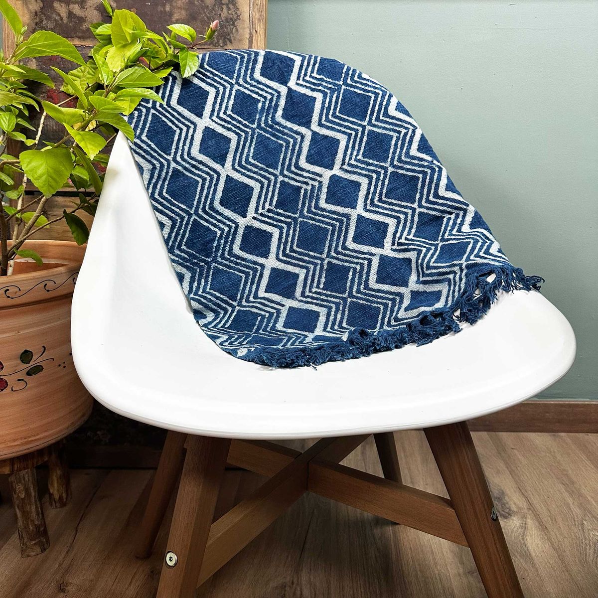 Handmade Indigo Cotton Runner – Heerak Pattern, 170 x 60cm