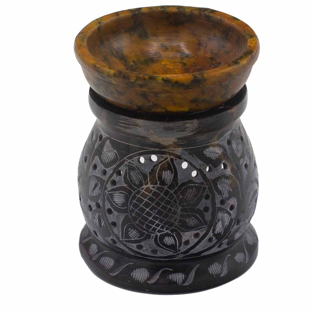 Mandala Flower Soapstone Oil Burner – Black & Yellow, 10cm