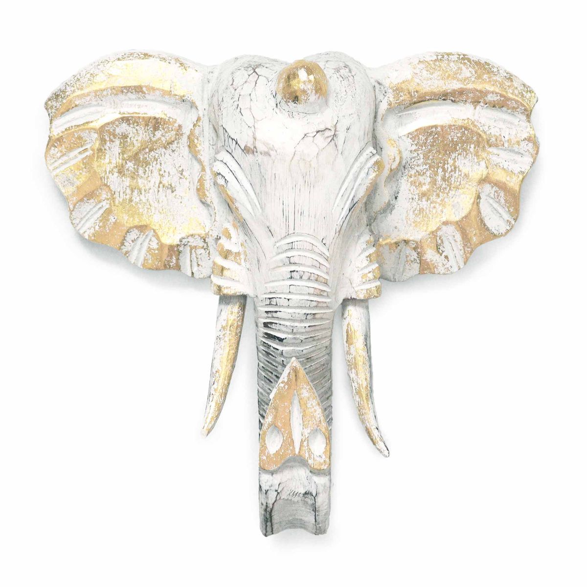 Large Carved Elephant Head – Gold & Whitewash