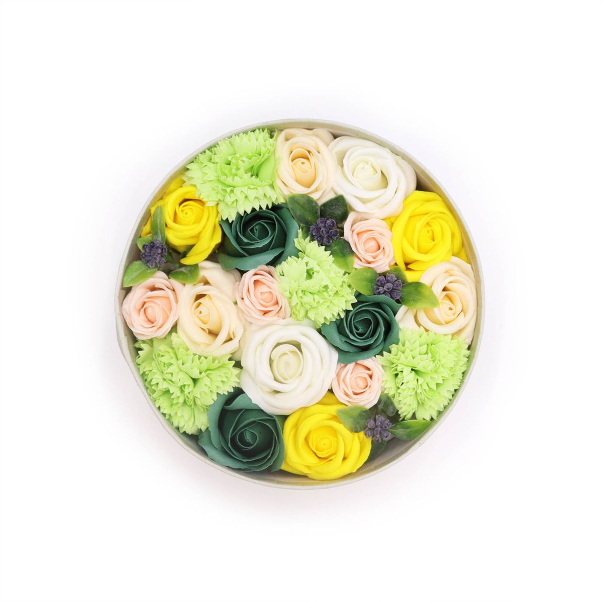 Soap Flower Round Box – Spring Celebrations, Yellow & Greens