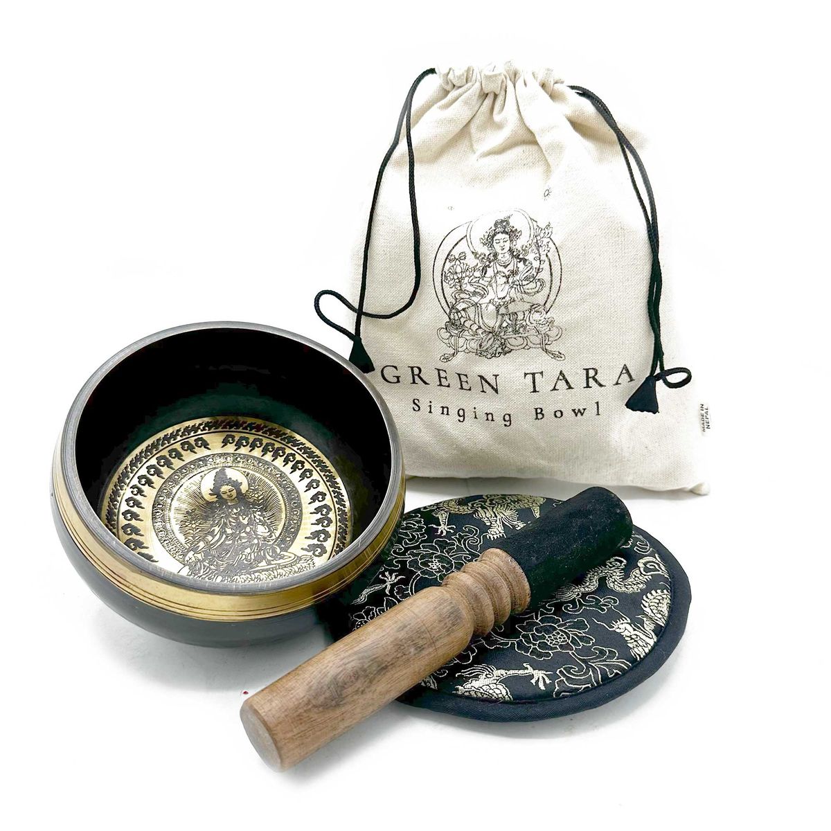 Hand Beaten Engraved Singing Bowl Gift Set – Green Tara, 14cm