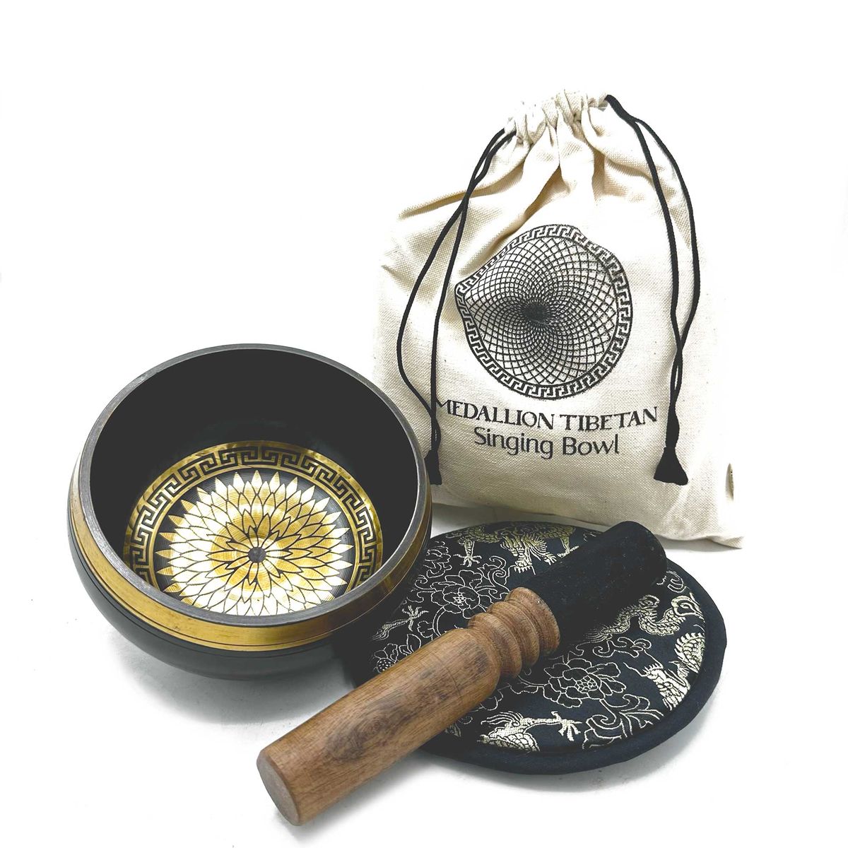 Hand Beaten Engraved Singing Bowl Gift Set – Round Medallions, 14cm