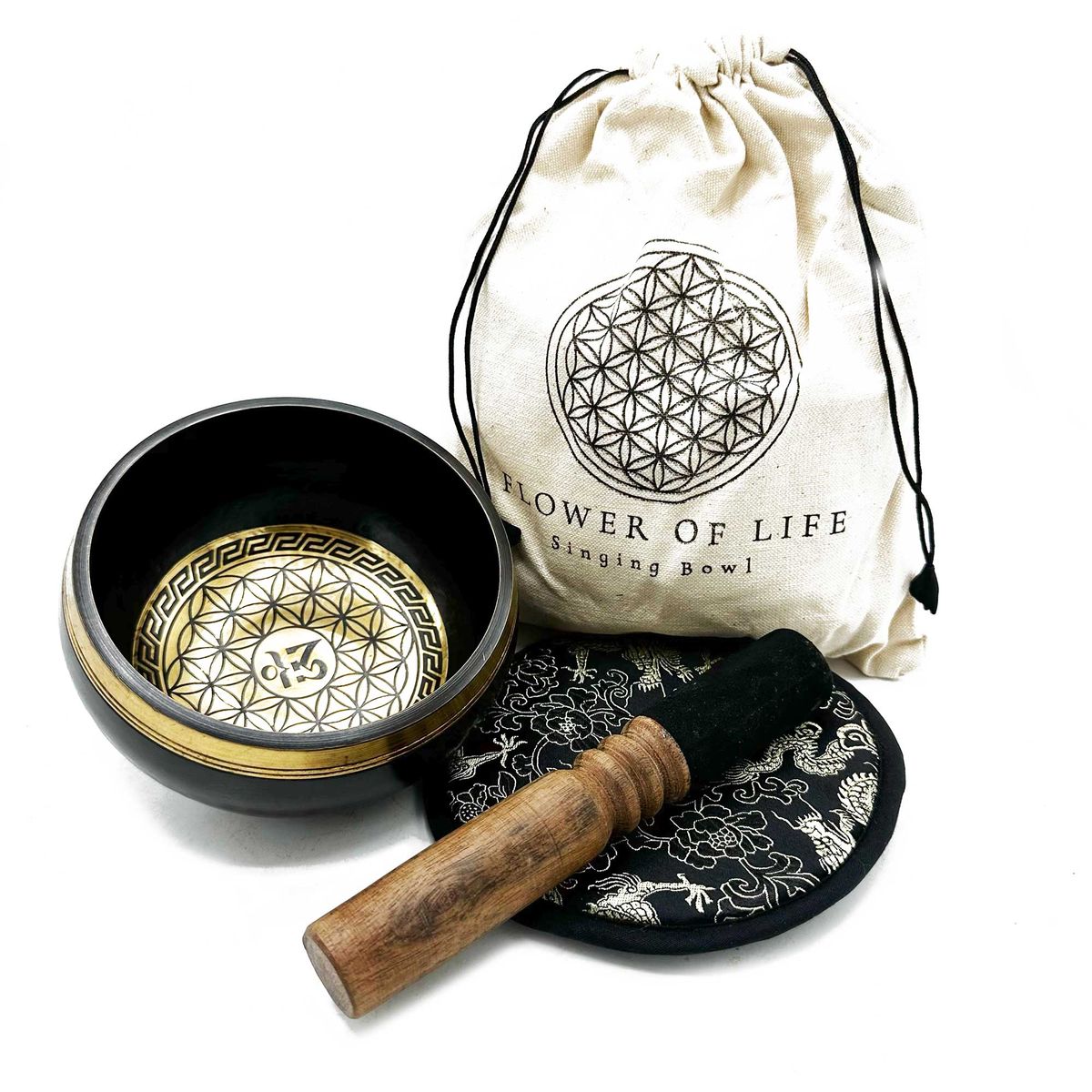 Hand Beaten Engraved Singing Bowl Gift Set – Flower of Life, 14cm