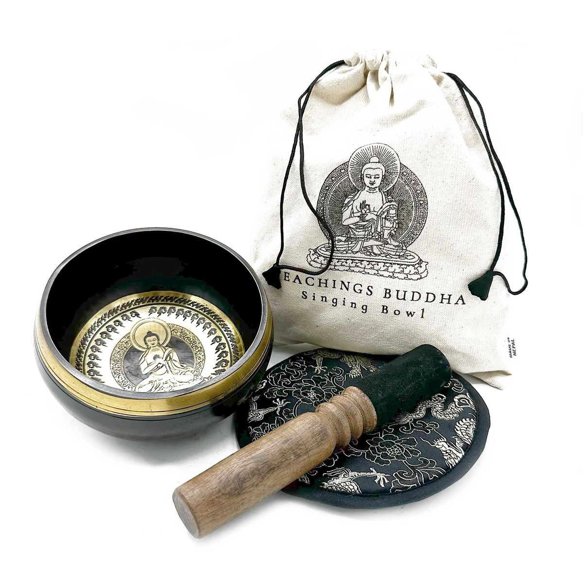 Hand Beaten Engraved Singing Bowl Gift Set – Teachings Buddha, 14cm
