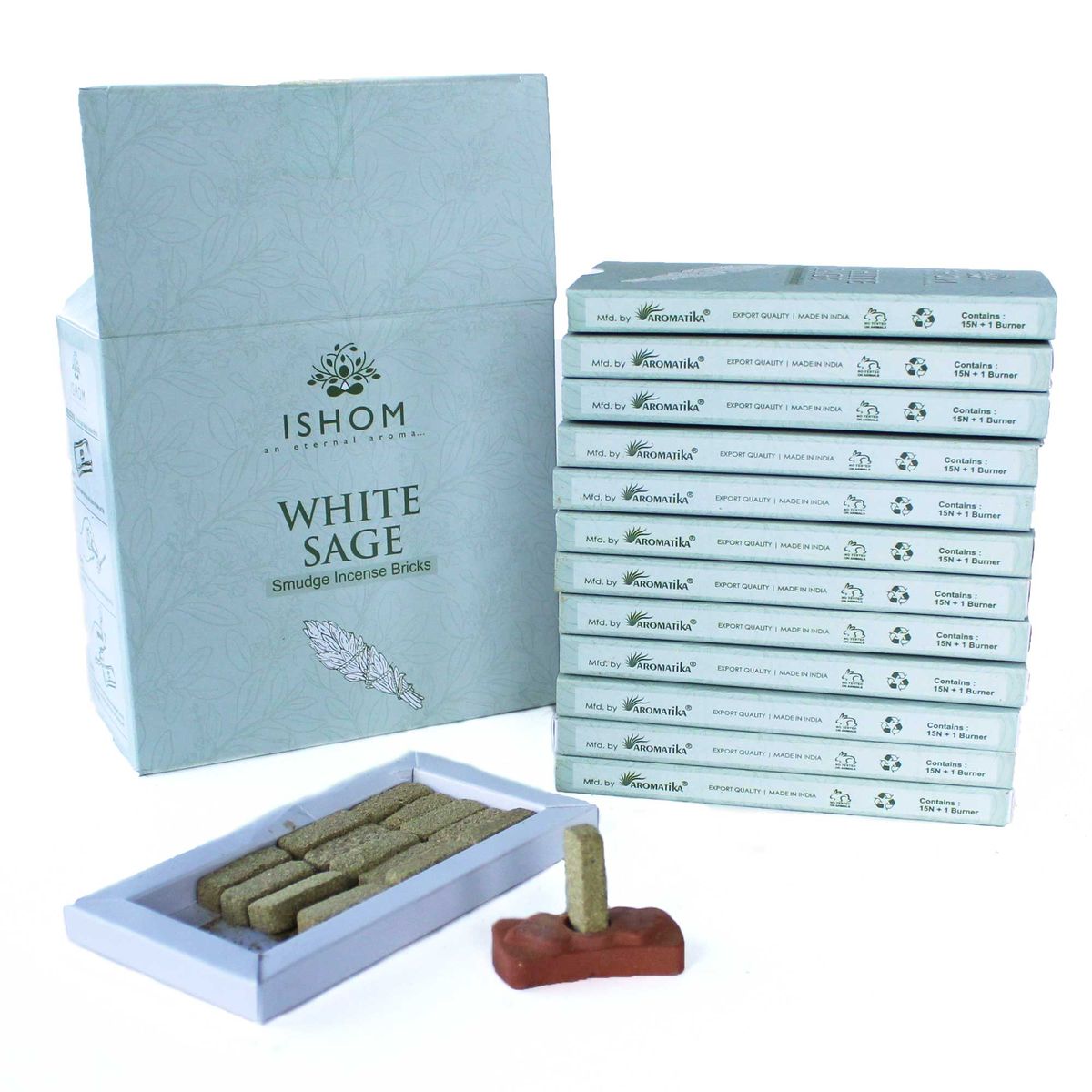 Natural Smudge Incense Bricks with Burner – White Sage, Pack of 15