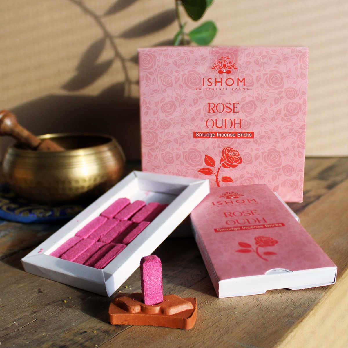 Natural Smudge Incense Bricks with Burner – Rose Wood, Pack of 15