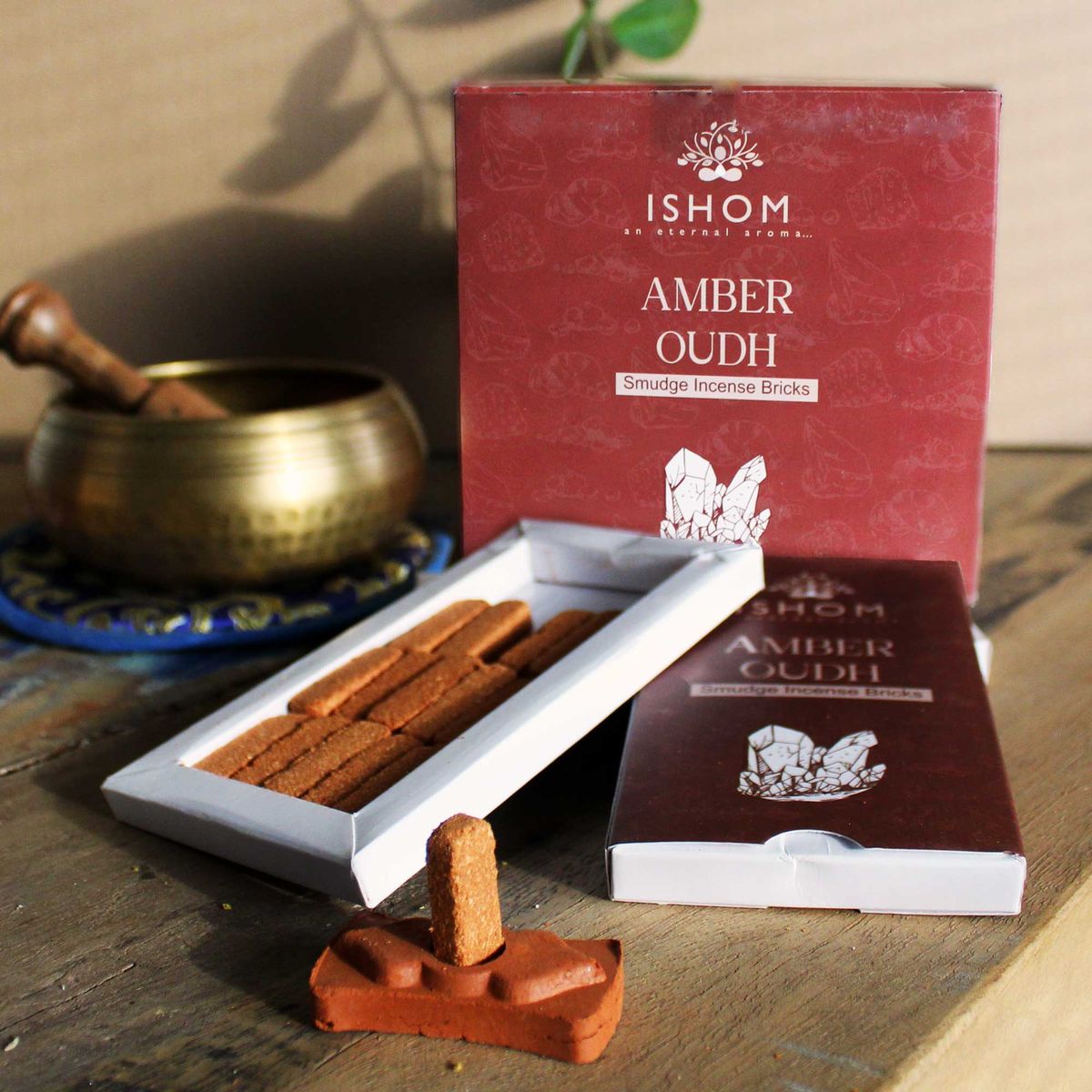 Natural Smudge Incense Bricks with Burner – Amber Wood, Pack of 15