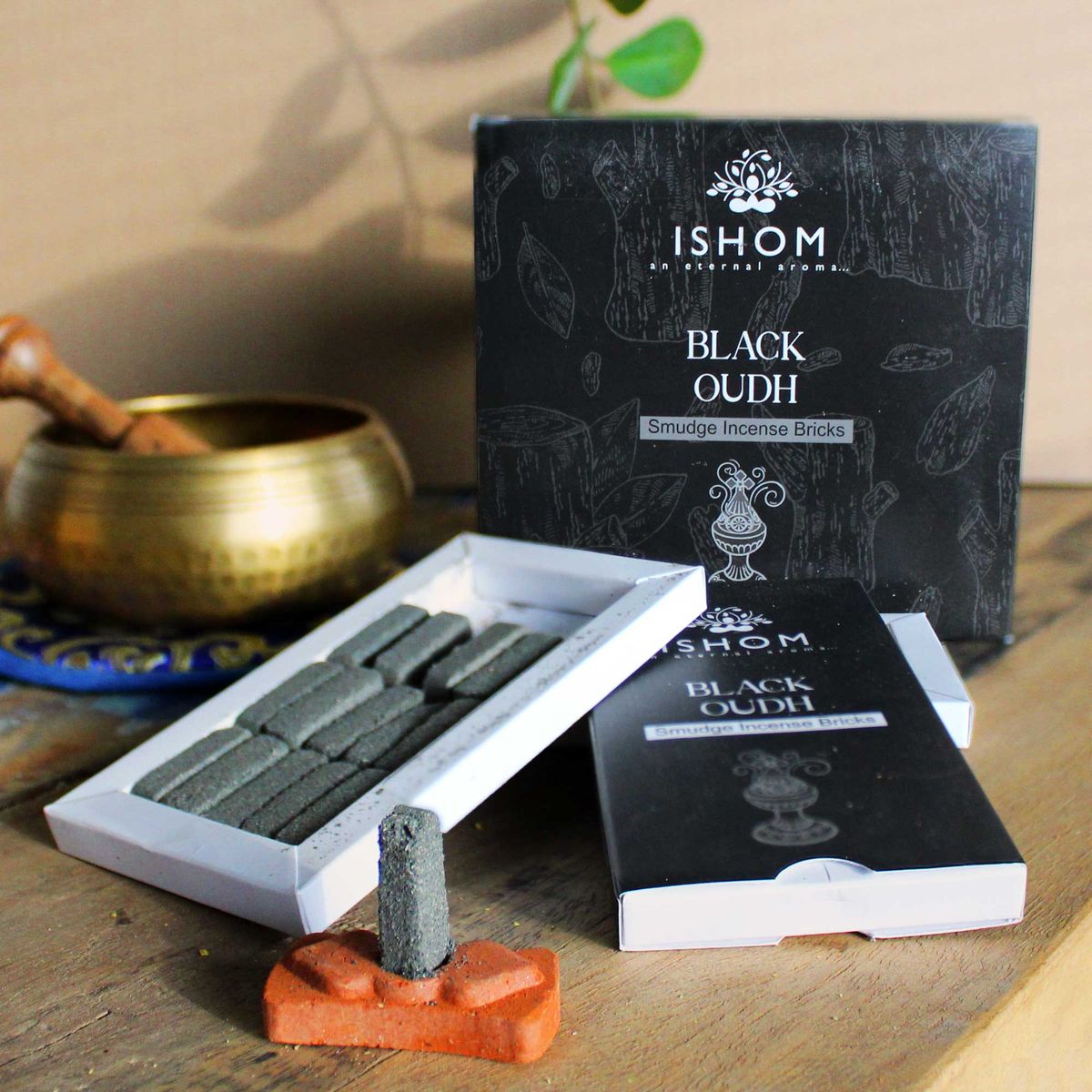 Natural Smudge Incense Bricks with Burner – Black Wood, Pack of 15