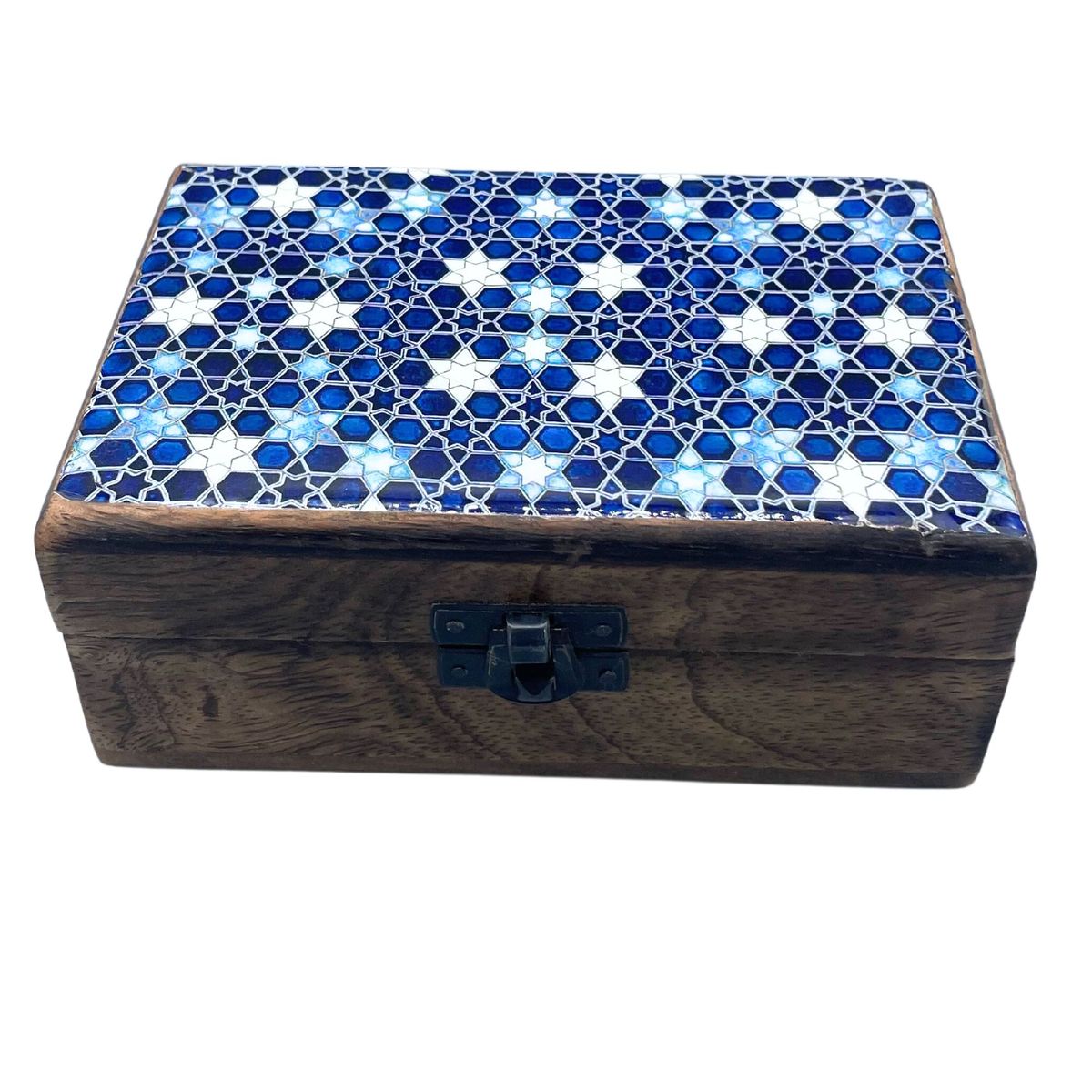 Ceramic Glazed Mango Wood Box – Blue Stars, 15 x 10cm
