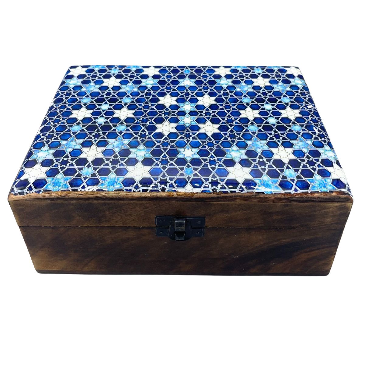 Ceramic Glazed Mango Wood Box – Blue Stars, 20 x 15cm