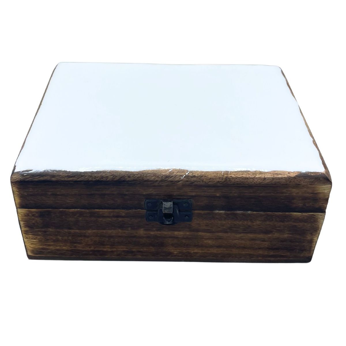 Ceramic Glazed Mango Wood Box – White, 20 x 15cm