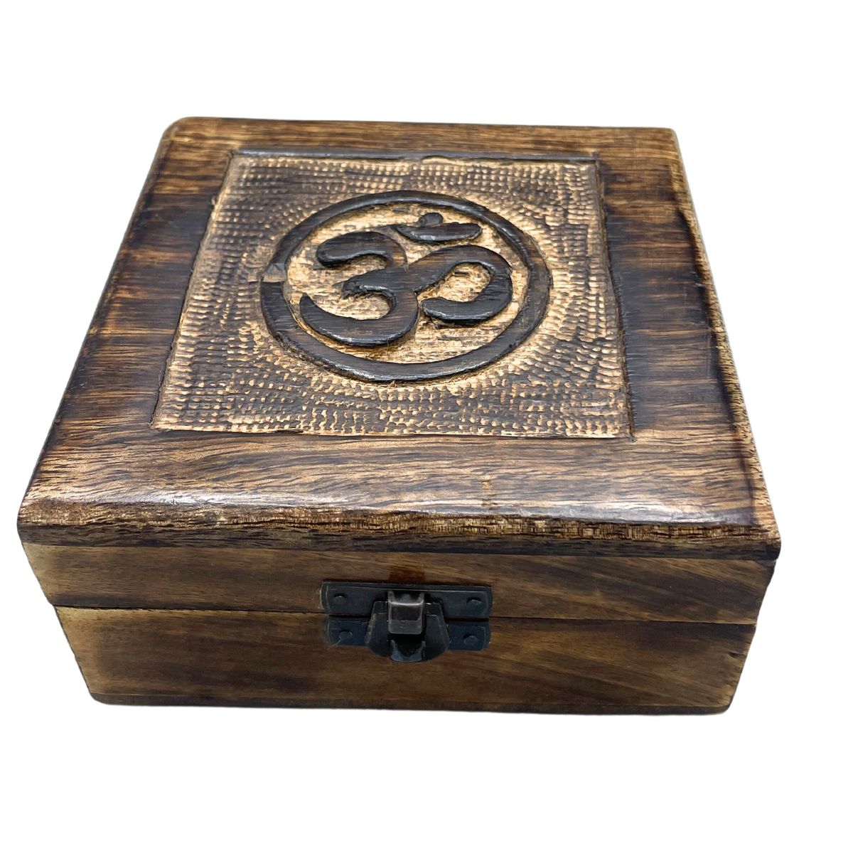 Square Wooden Keepsake Box – Om, 13x13x6cm