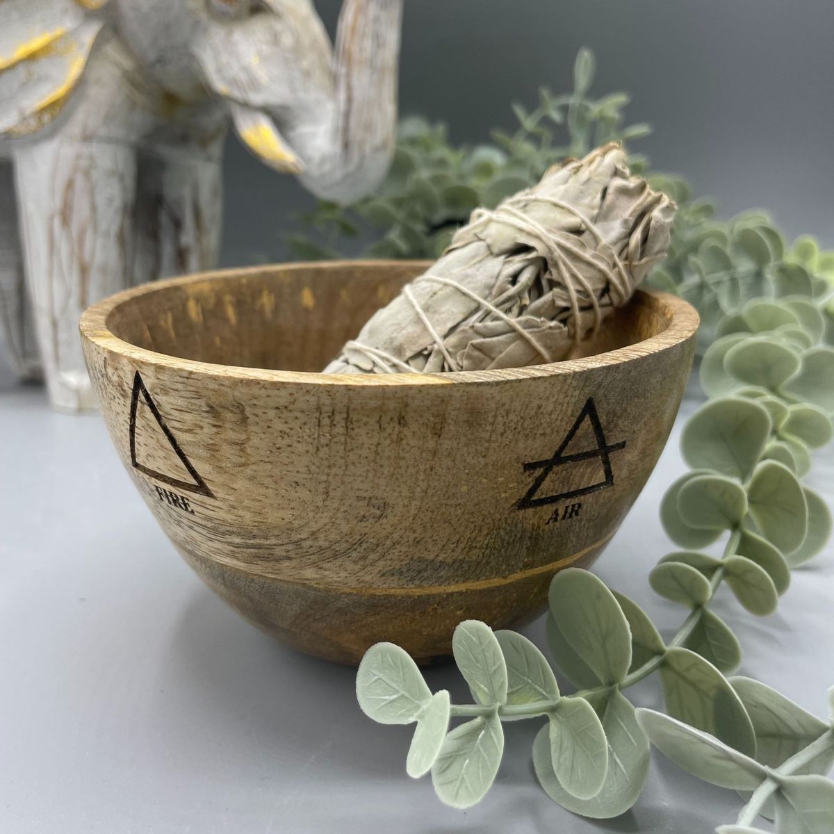 Wooden Smudge & Offerings Bowl – Four Elements, 11 x 7cm