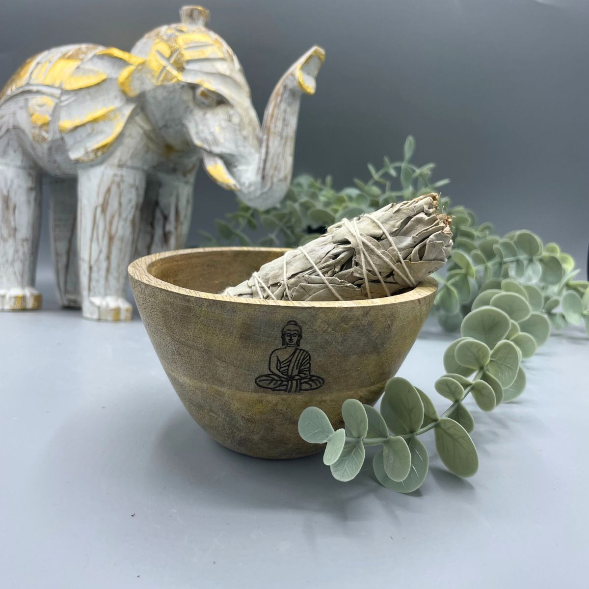 Wooden Smudge & Offerings Bowl – Buddha, 11 x 7cm