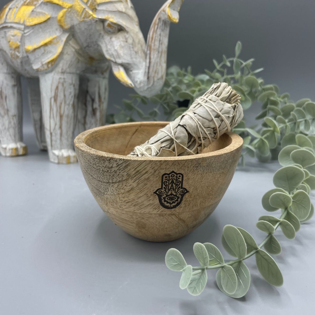 Wooden Smudge & Offerings Bowl – Hamsa, 11 x 7cm