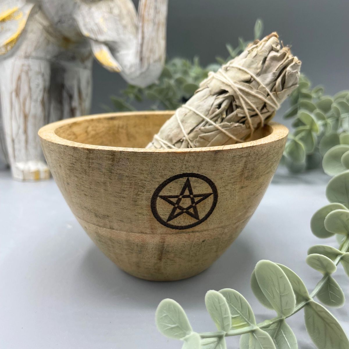 Wooden Smudge & Offerings Bowl – Pentagram, 11 x 7cm