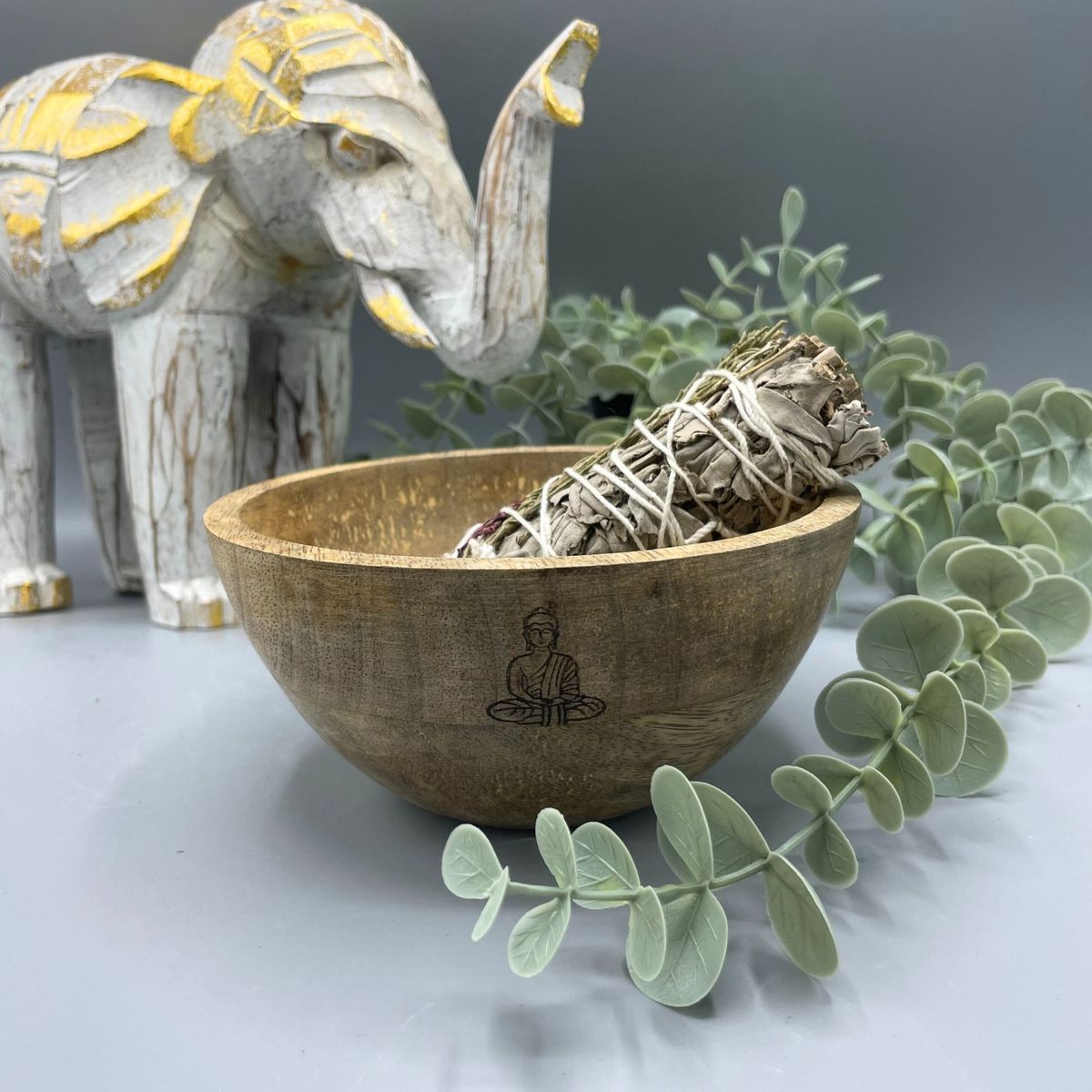 Wooden Smudge & Offerings Bowl – Buddha, 13 x 7cm