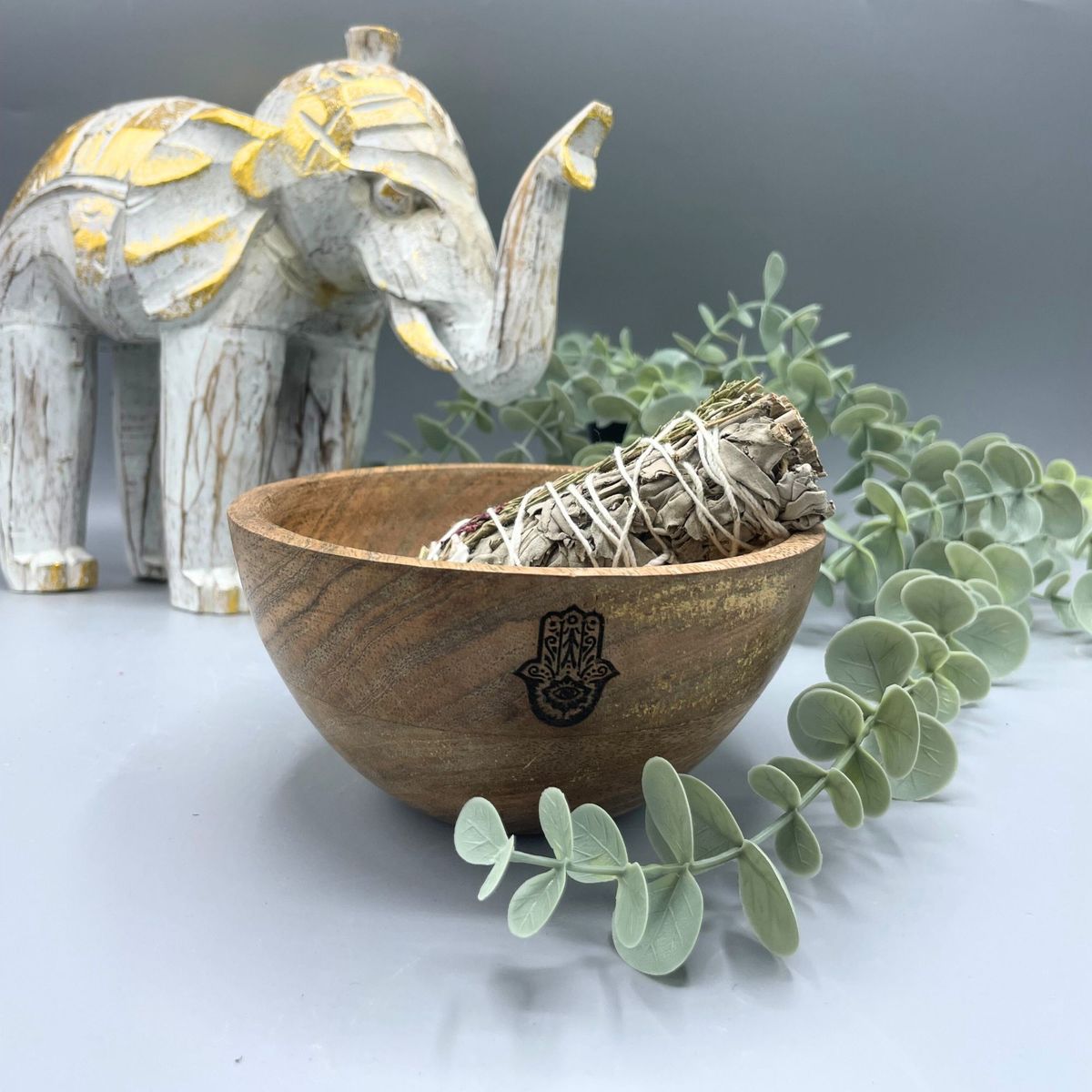 Wooden Smudge & Offerings Bowl – Hamsa, 13 x 7cm