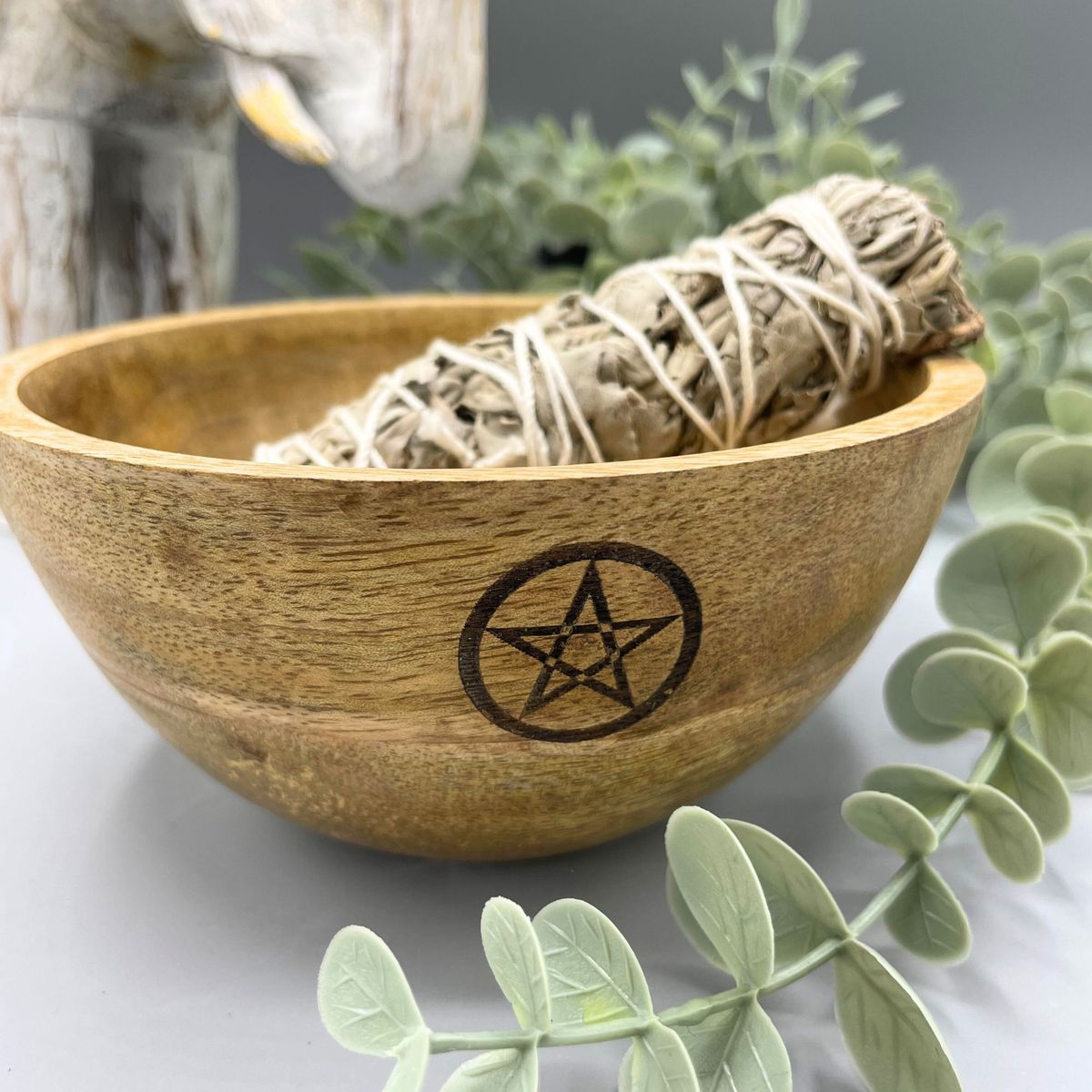 Wooden Smudge & Offerings Bowl – Pentagram, 13 x 7cm