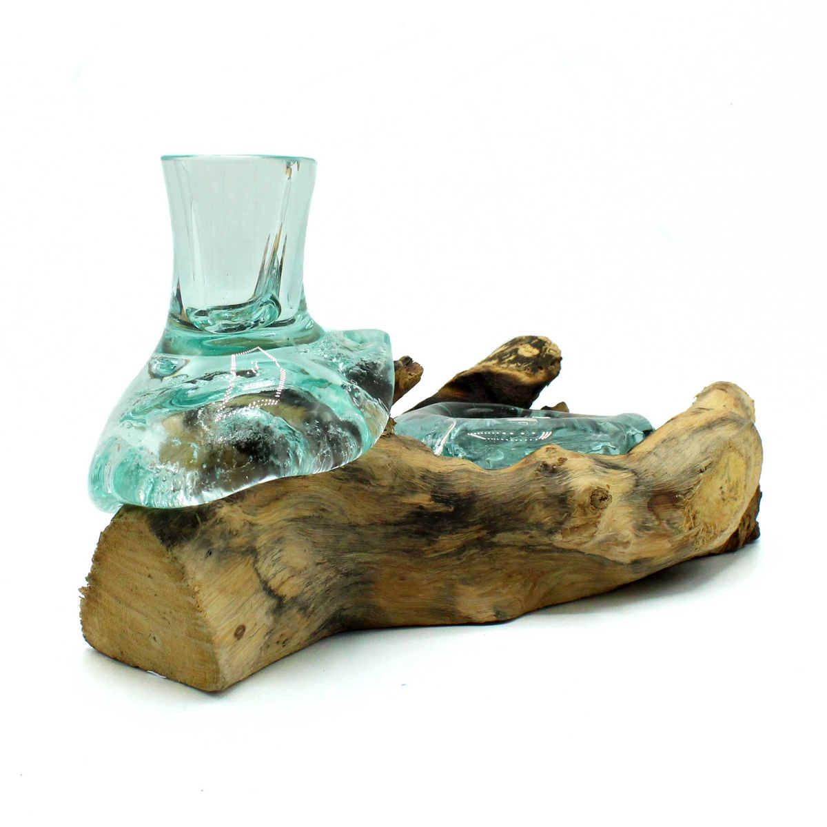 Molten Glass Flower Vase and Tealight Holder on Wood – Small