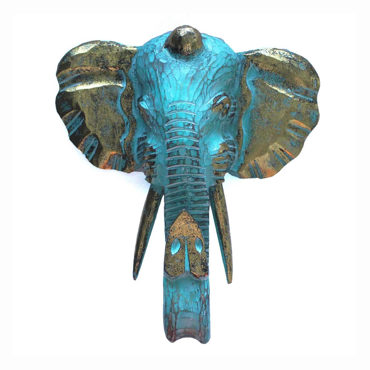 Large Carved Elephant Head – Gold & Turquoise