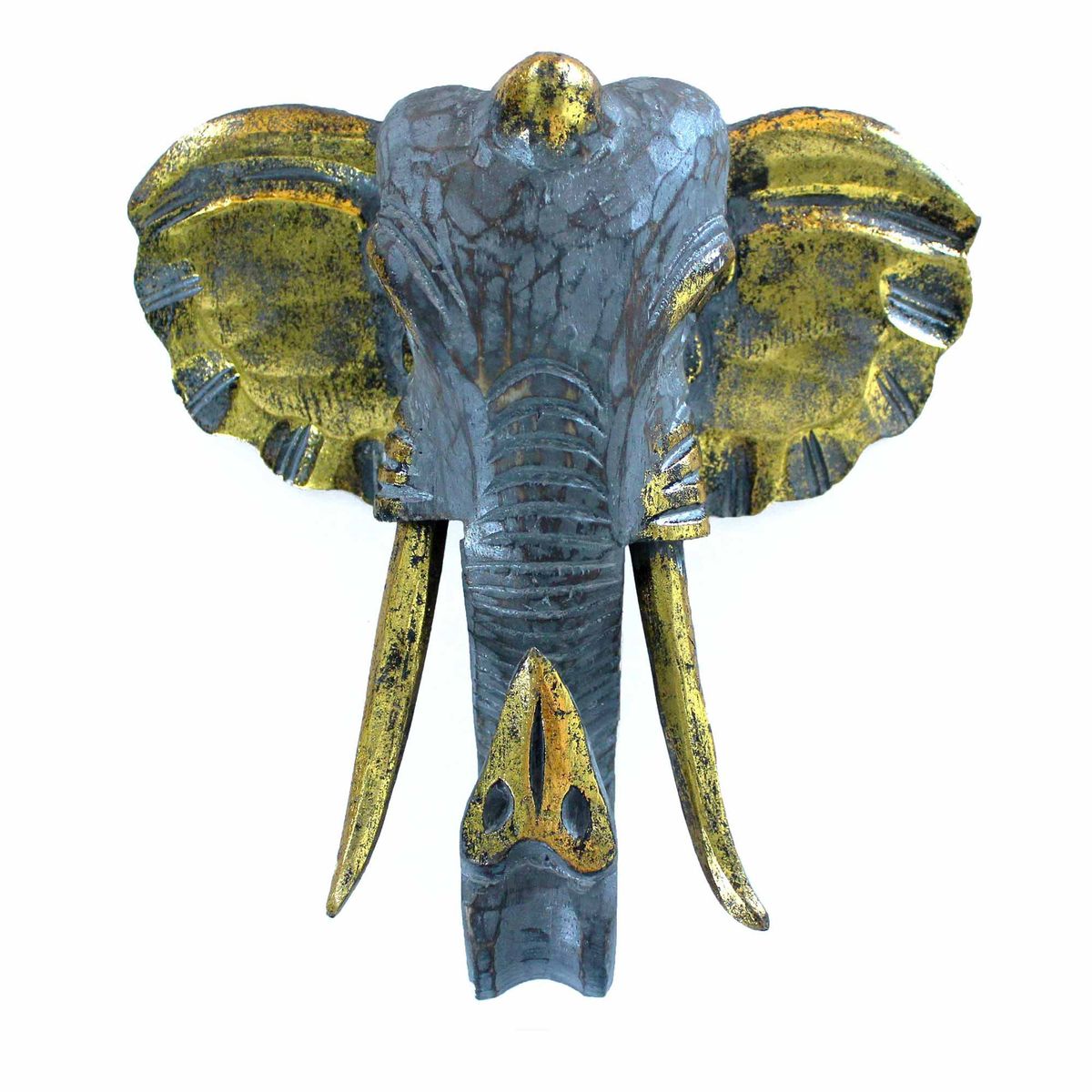 Large Carved Elephant Head – Gold & Grey