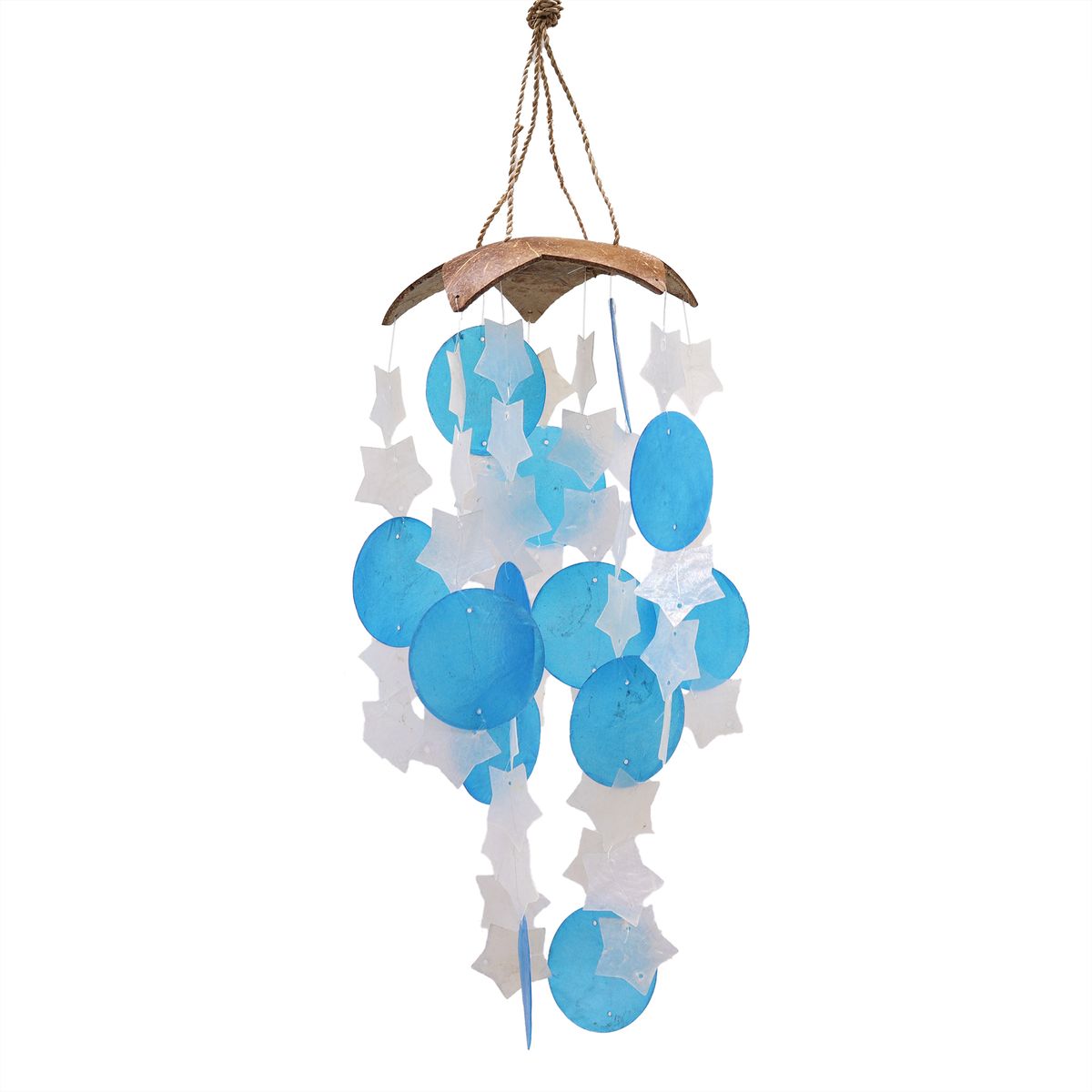 Coconut & Capiz Wind Chime – Blue & White Stars, 30cm