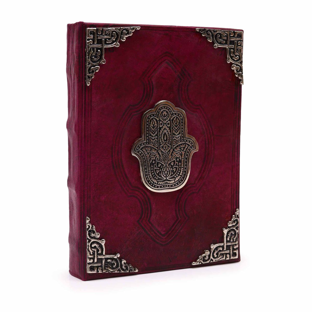 Hefty Leather Book – Red Tan, Zinc Hamsa, 26 x 18cm