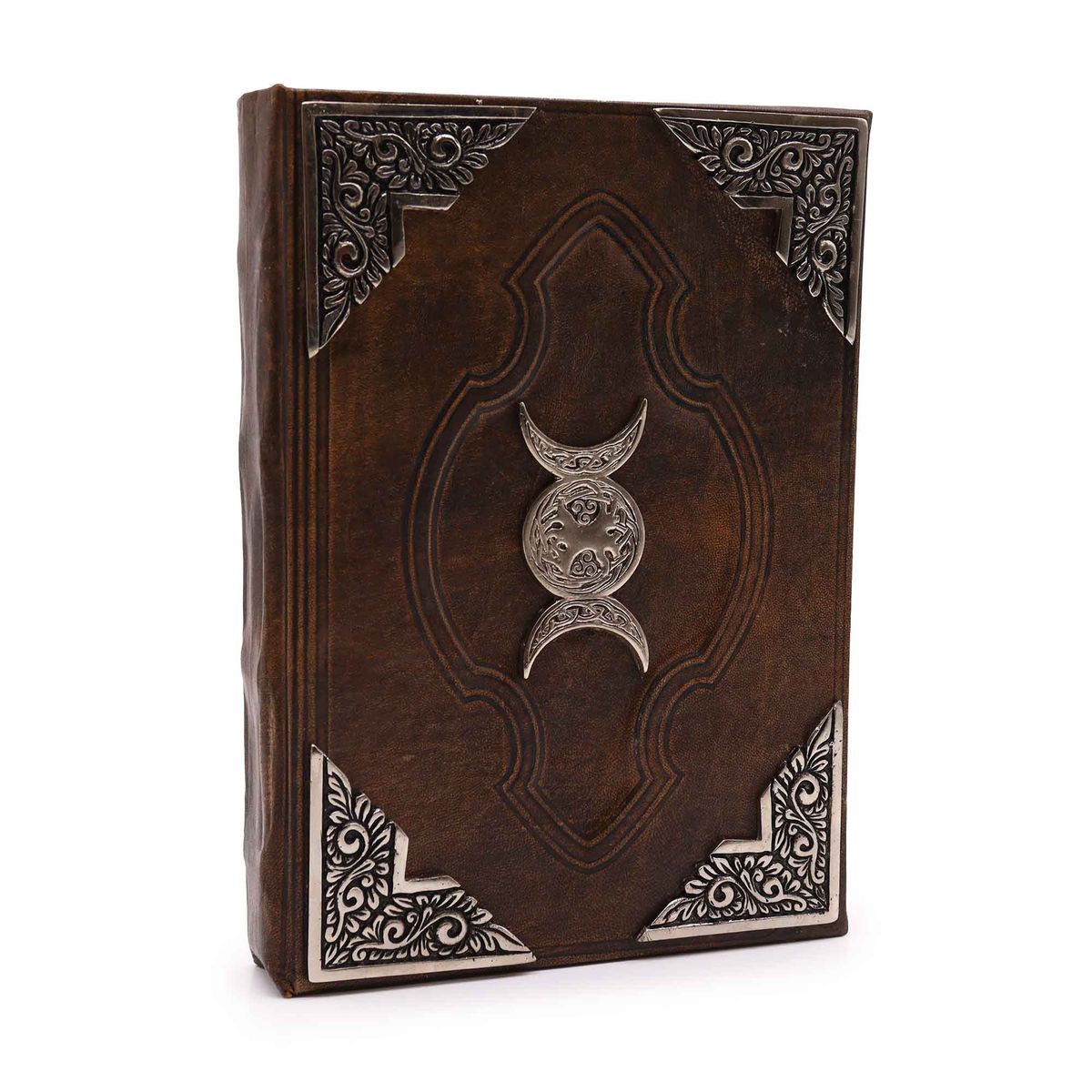 Hefty Leather Book – Brown Tan, Zinc Triple Moon, 26 x 18cm