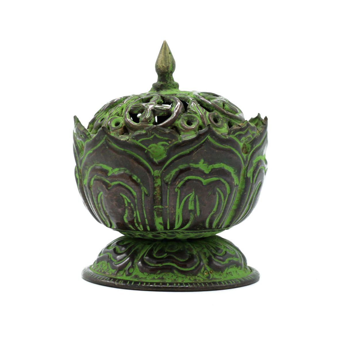 Brass Verdigris Tibetan Incense Burner – Small Lotus