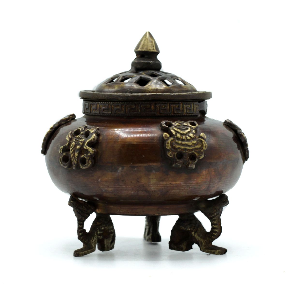Brass Tibetan Incense Burner – Six Symbols Standing Pot