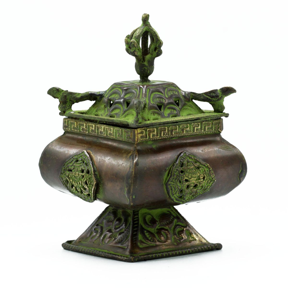 Brass Verdigris Tibetan Burner – Four Symbols Square Pot