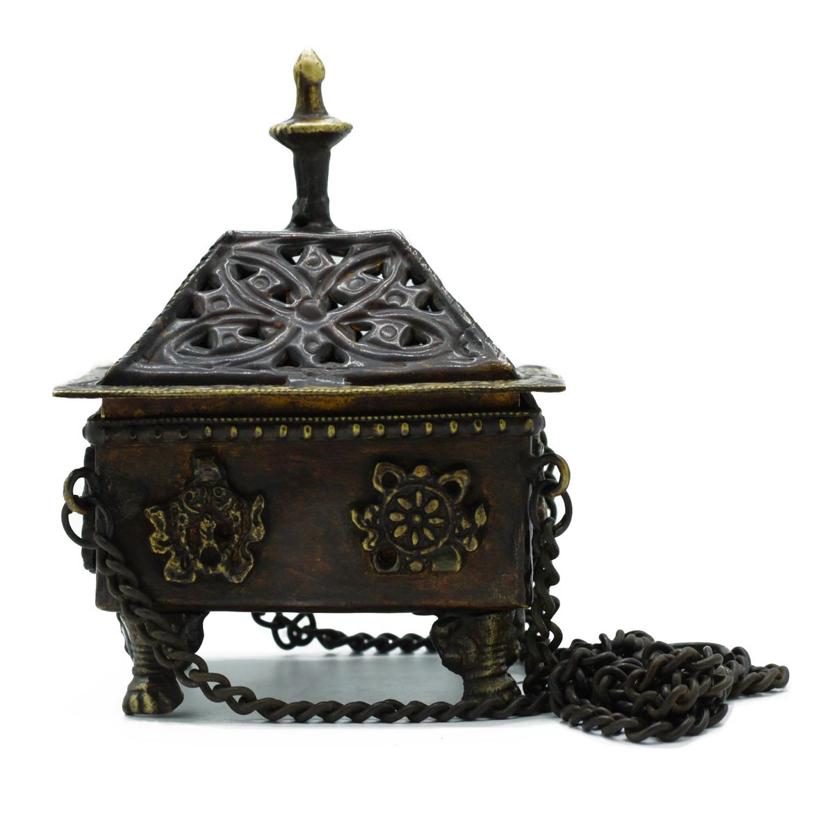 Brass Tibetan Hanging Burner – Eight Symbols Square Pot