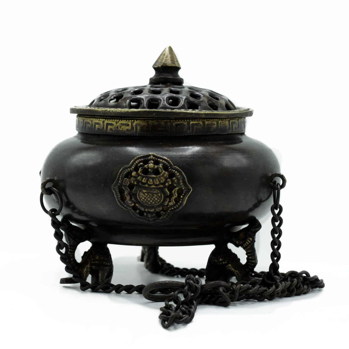 Brass Tibetan Hanging Burner – Four Symbol Pot, Large
