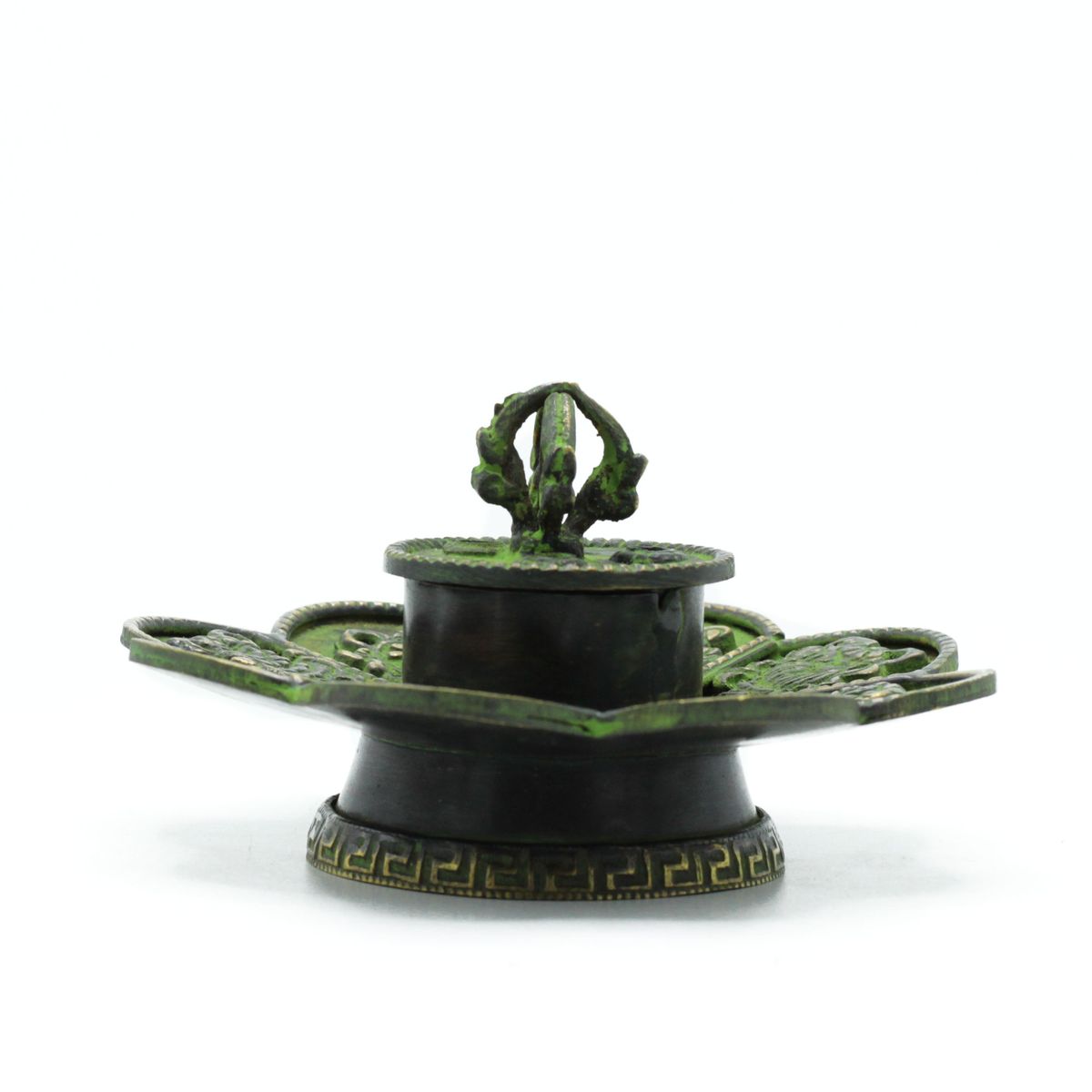 Brass Verdigris Tibetan Cone & Incense Holder – Eight Symbols