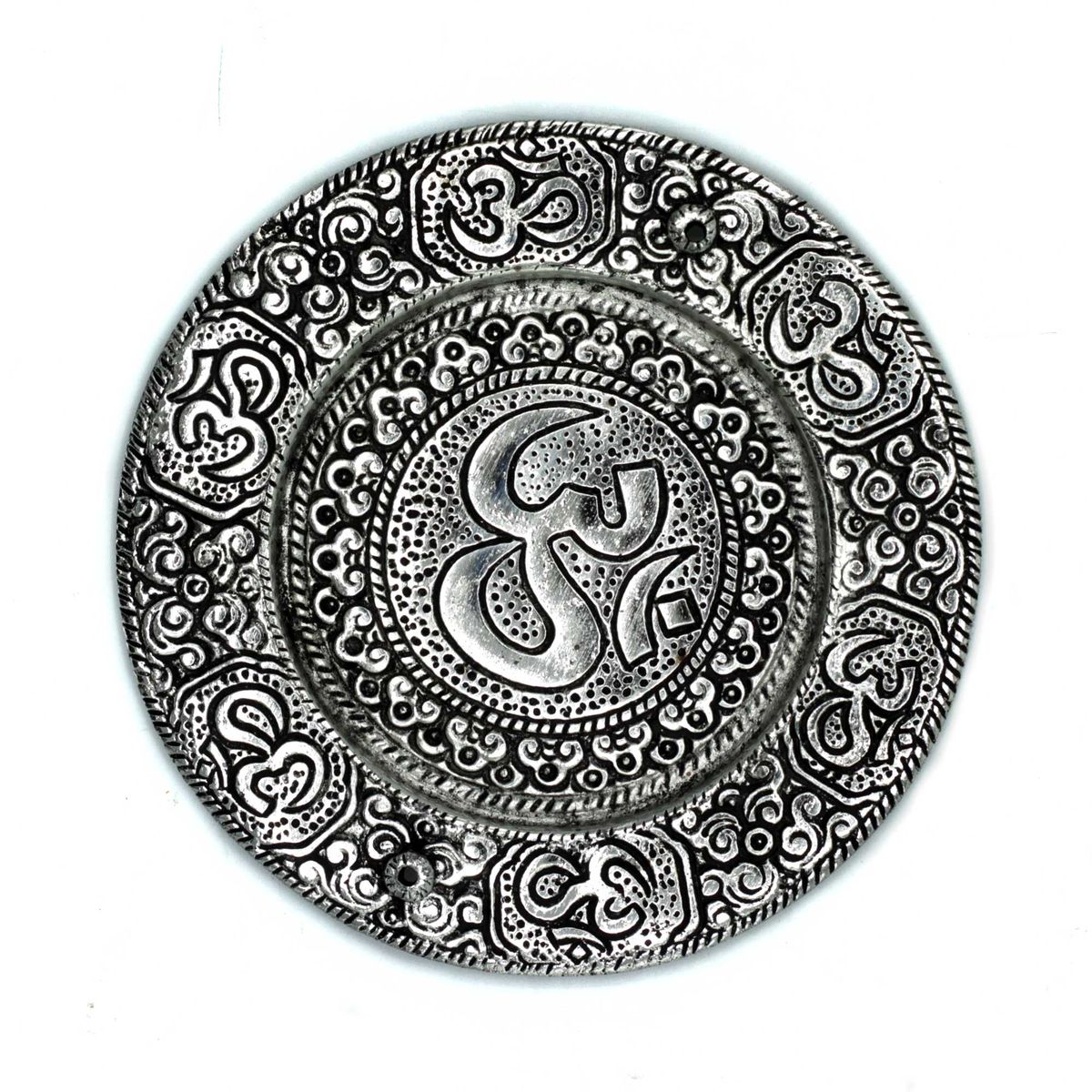 Polished Aluminium Om Round Incense Holder – 11cm