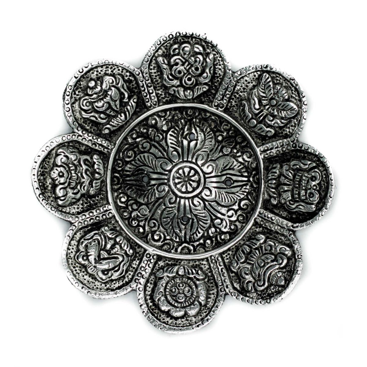 Polished Aluminium Tibetan Symbols Incense Holder – 12cm