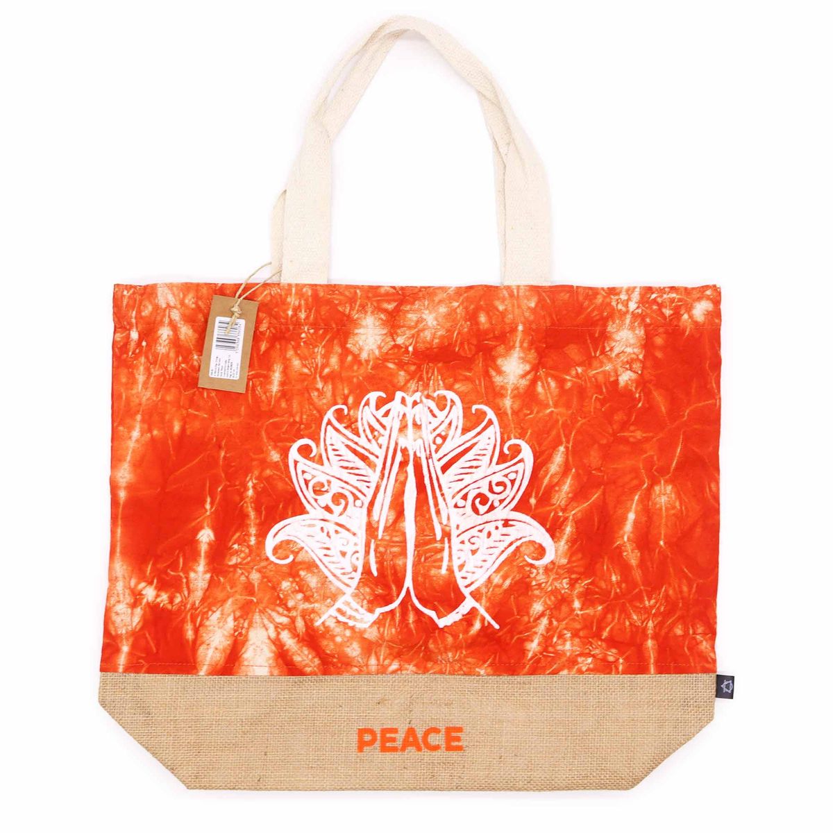 All Natural Jute Tote Bag – Orange Stonewash, Namaste Hand Peace