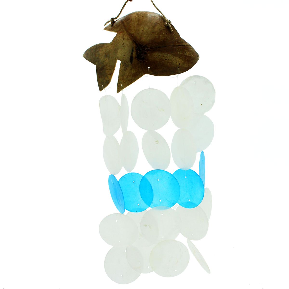 Coconut & Capiz Wind Chime – Blue Dolphins, 30cm