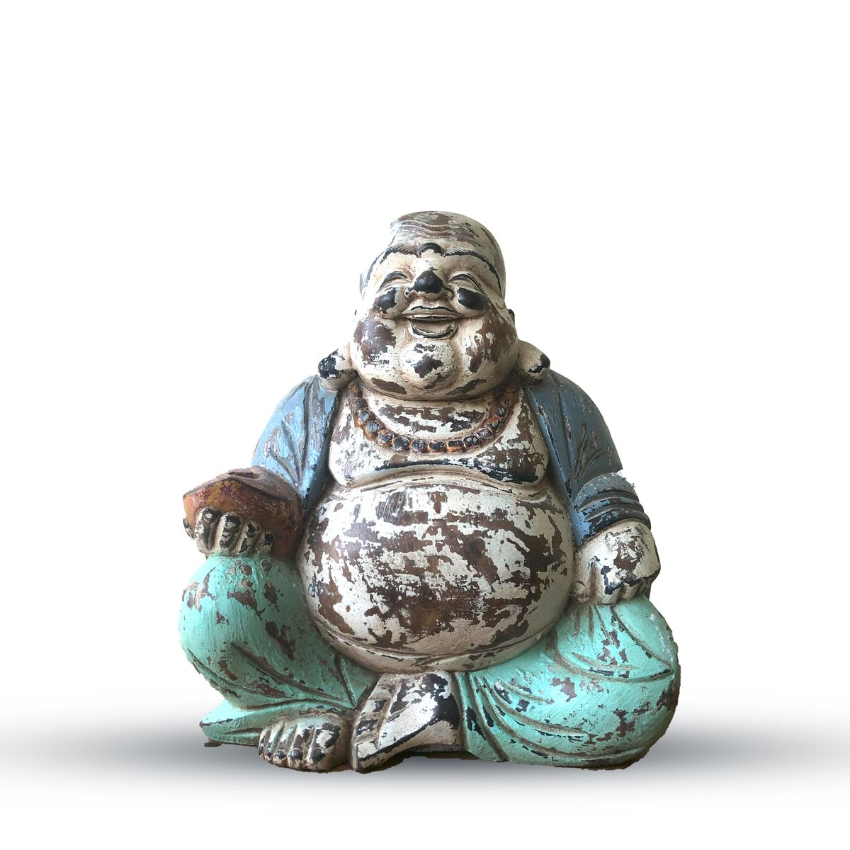 Vintage Blue Mint Hand-Carved Buddha Statue – Happy Buddha, 30cm