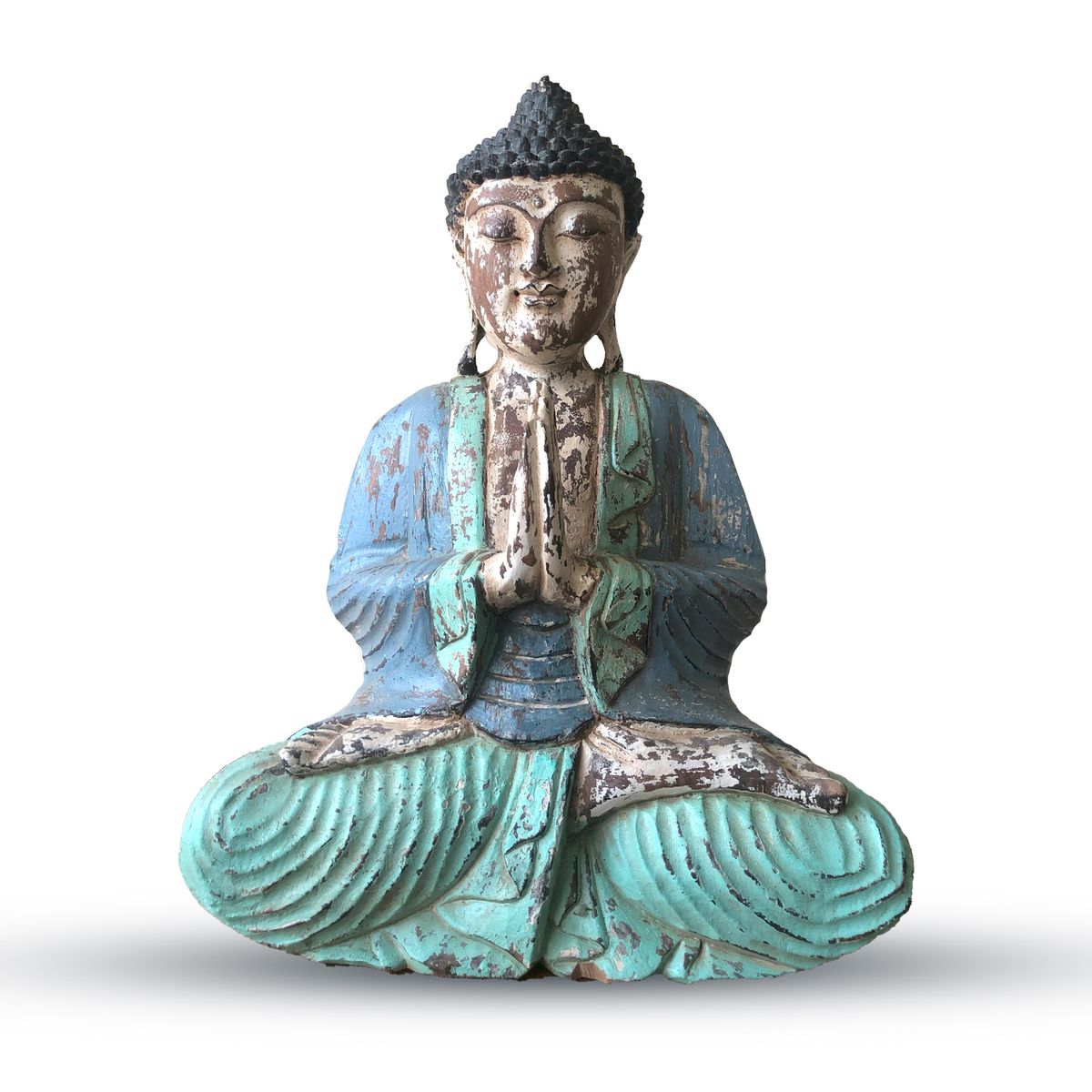 Vintage Blue Mint Hand-Carved Buddha Statue – Welcome, 40cm