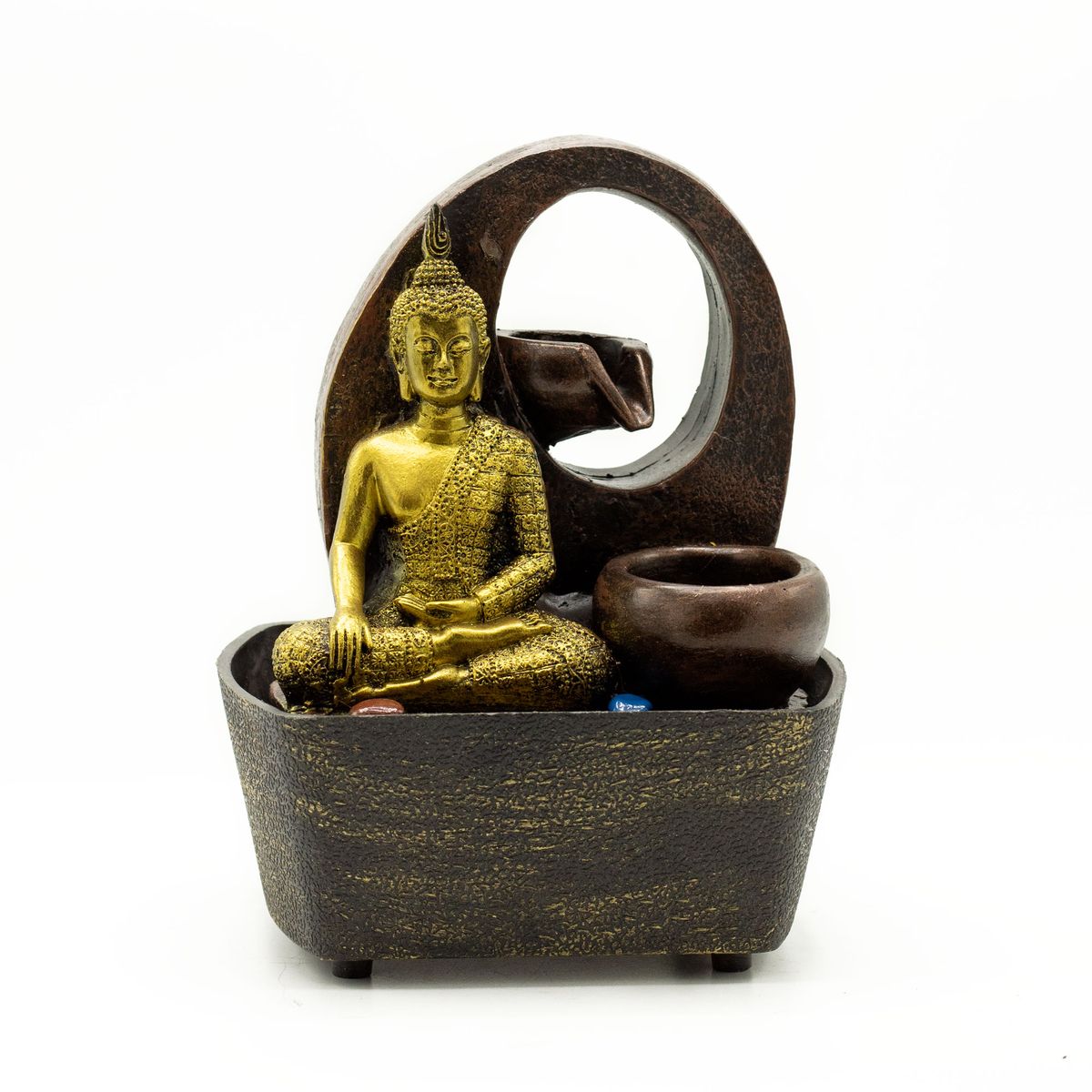 Tabletop Water Feature – Golden Buddha & Pots, 21.5cm