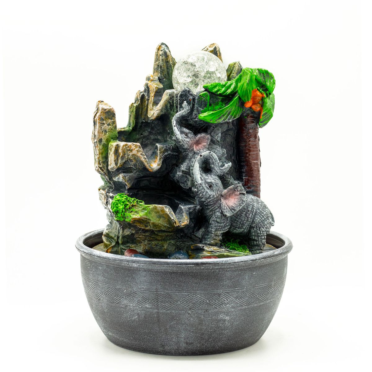 Tabletop Water Feature – Elephants & Palm Tree, 25cm