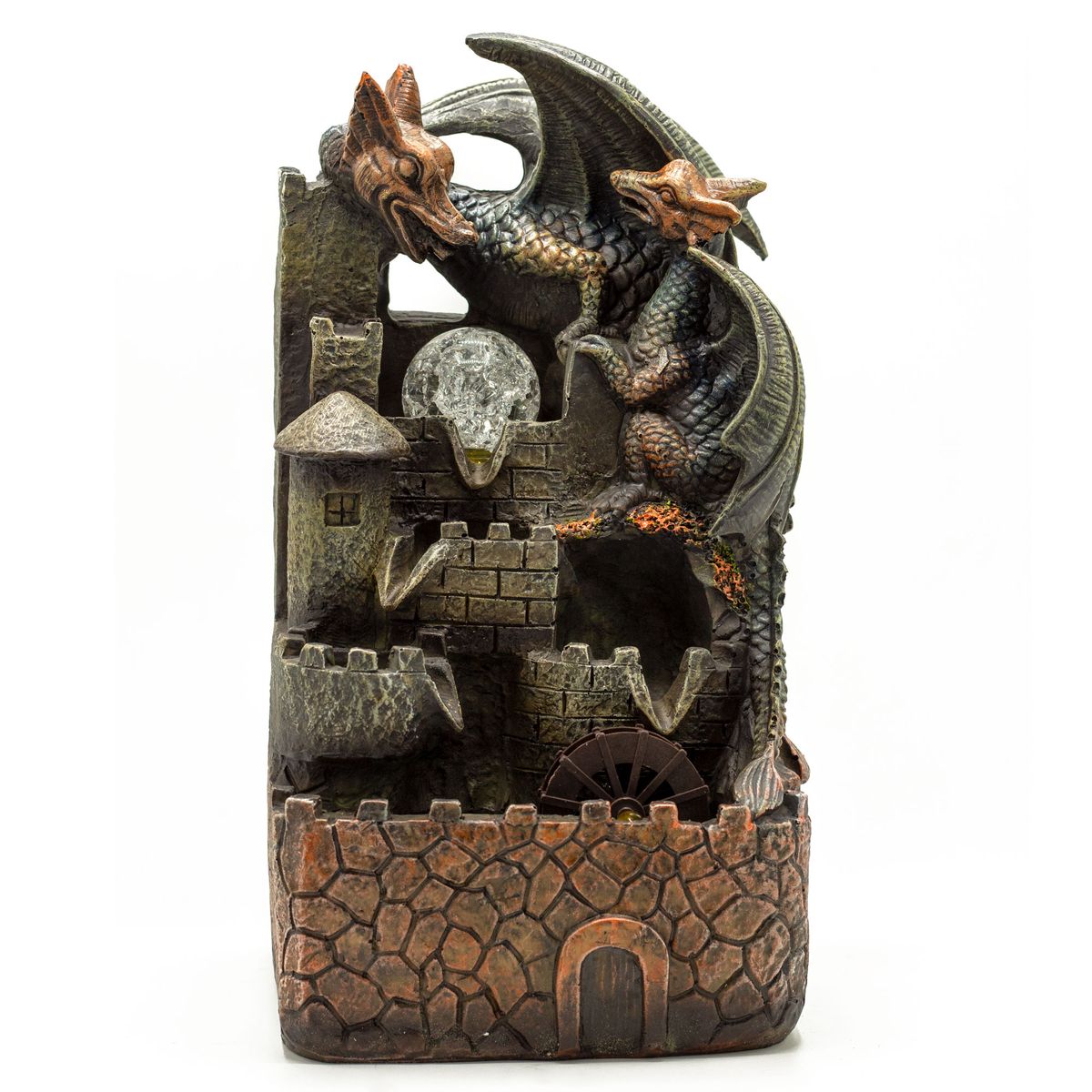 Tabletop Water Feature – Dragons, Crystal Ball & Water Wheel, 35cm