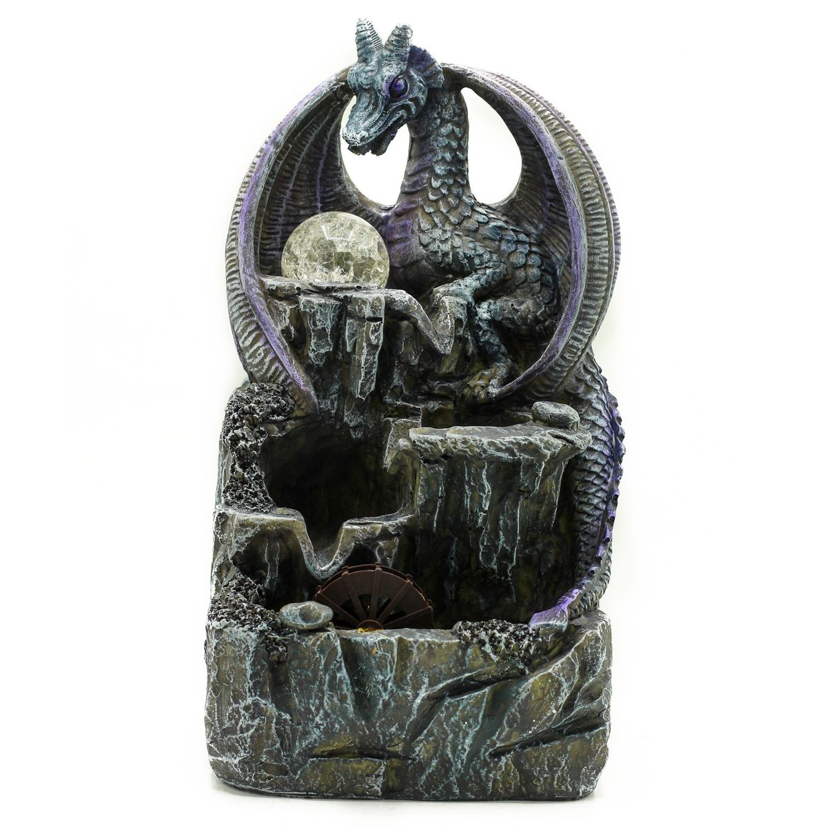 Tabletop Water Feature – Purple Dragon, Crystal Ball & Wheel, 35cm