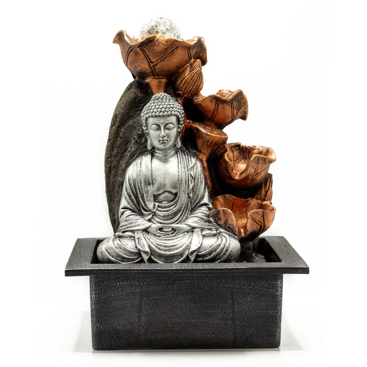 Tabletop Water Feature – Silver Buddha Cascade & Crystal Ball, 35cm