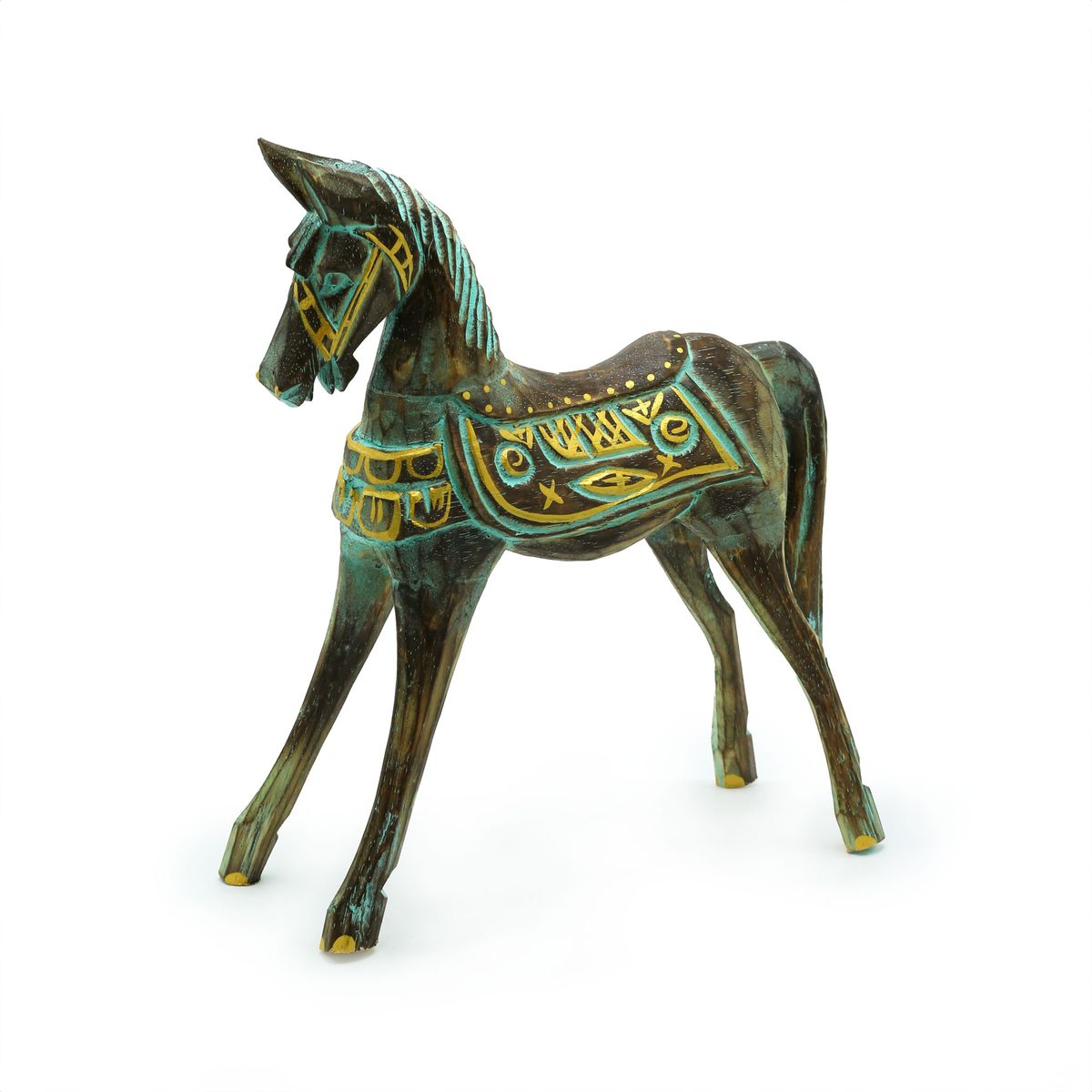 Carved Wooden Horse – Gold & Turquoise, 25cm