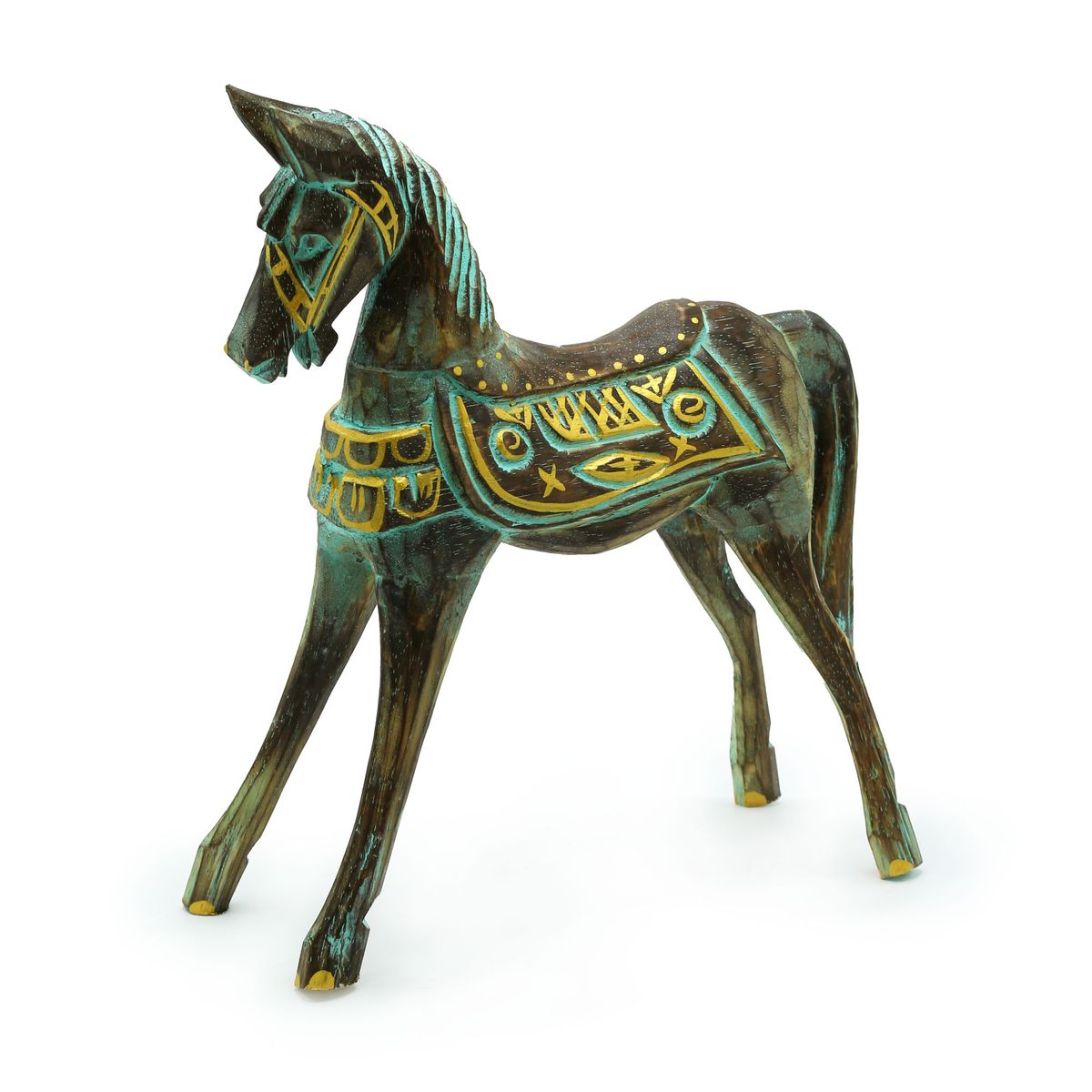 Carved Wooden Horse – Gold & Turquoise, 32cm